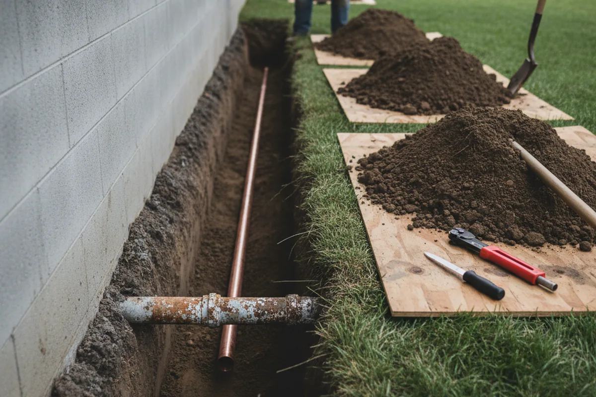 Excavated water line trench during Water Softener Installation in Hillsboro
